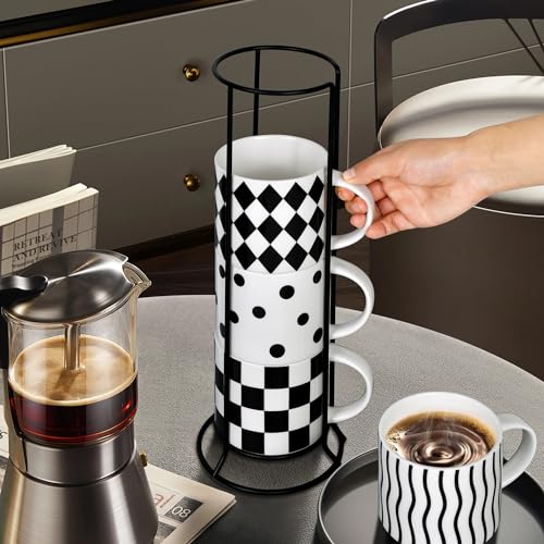 Autubin Ceramic Coffee Mugs Set of 4-15.4 oz Stacked Coffee Mugs with Stand, Large Latte Cups Ceramic for Cappuccino, Hot Cocoa, Juices, Dishwasher & Microwave Safe, Perfect Christmas Gifts！