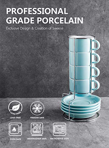 Sweese 8 Ounce Porcelain Stackable Cappuccino Cups with Saucers and Metal Stand - for Specialty Coffee Drinks, Cappuccino, Latte, Americano and Tea - Set of 4, Turquoise