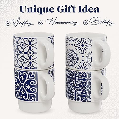 American Atelier Coffee Mug Set with Coffee Mug Rack | Ceramic Coffee Mugs Set of 4 | Stackable Coffee Mugs with Rack | Coffee Cup Set with Coffee Cup Rack | Medallion Blue Design | 14oz Capacity