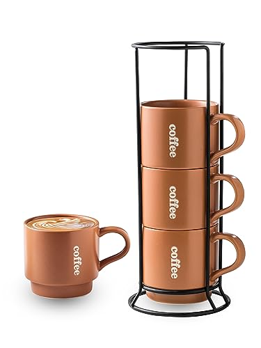 KOKUNKA Stackable Coffee Mugs with Rack, Ceramic Coffee Mug Set Perfect for Coffee,Tea, Cocoa, Milk as Christmas Gifts, Set of 4, 13 Oz (Brown)