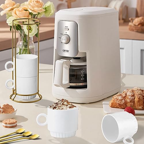 KAYSVENE Stackable Coffee Mugs Set of 4, Ceramic Coffee Mug Set With Spoons and Metal Rack, Dishwasher & Microwave Safe Porcelain Coffee Mugs for Coffee Cocoa Milk, White