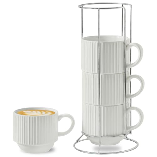 Hasense Coffee Cups Set of 4 with Stand, 15 OZ Stackable Coffee Mugs with Handle for Tea, Cocoa, Cappuccino, Latte and Americano, Porcelain Vertical Stripe Coffee Cups for Men and Women, Pure White