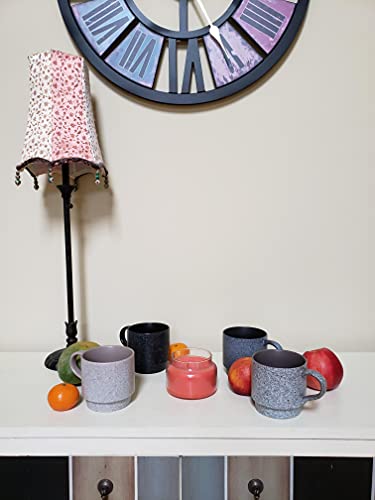 Essential Drinkware 14oz Stackable Ceramic Coffee Mugs with Metal Rack, Assorted Colors - Set of 4 Space Saving Durable Stacking Cups with Speckled Finish