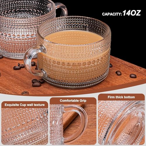 Bupto 4pcs Set Vintage Coffee Mug, Clear Patterned Glass With Handle, Bamboo Lid and Spoon -14 oz. Ideal for Latte, Milk, Overnight Oatmeal Yogurt Glass Teacups, Glassware Gifts(4 set)
