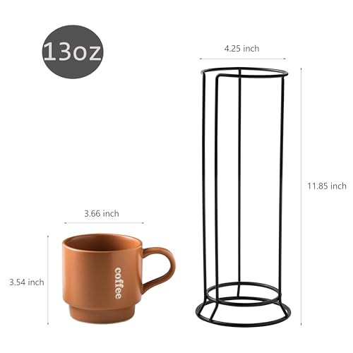 KOKUNKA Stackable Coffee Mugs with Rack, Ceramic Coffee Mug Set Perfect for Coffee,Tea, Cocoa, Milk as Christmas Gifts, Set of 4, 13 Oz (Brown)