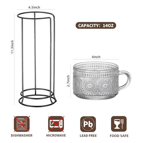 Buaic Vintage Coffee Mugs With Stand, 14 oz Stackable Coffee Cups Set of 4 Overnight Oats Containers with Rack Clear Embossed Glass Cups Tea Cups for Cappuccino, Latte, Cereal, Beverages