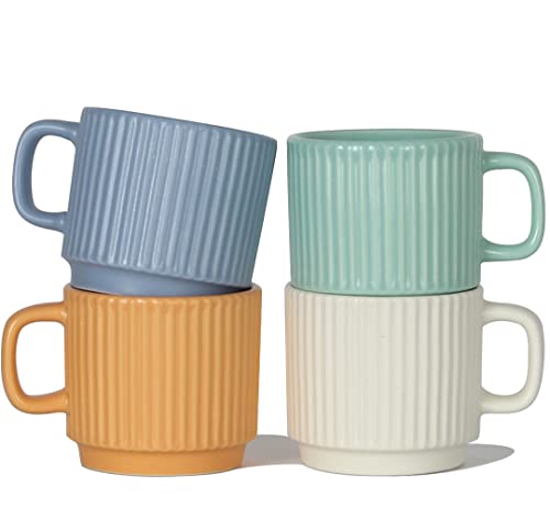 SHOWFULL Stackable Coffee Mugs Set of 4, 7 OZ Ceramics Espresso Cups for Latte Cappuccino Cocoa with Handle, Colorful