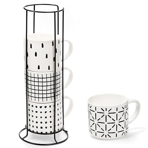 TOPZEA Set of 4 Stackable Coffee Mugs with Stand, 15 oz Ceramic Coffee Cups Set with Metal Holder Rack for Cappuccino, Latte, Tea, Hot Cocoa, Housewarming Gifts, Geometric Texture
