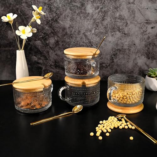 Bupto 4pcs Set Vintage Coffee Mug, Clear Patterned Glass With Handle, Bamboo Lid and Spoon -14 oz. Ideal for Latte, Milk, Overnight Oatmeal Yogurt Glass Teacups, Glassware Gifts(4 set)