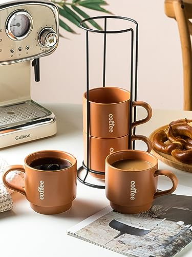 KOKUNKA Stackable Coffee Mugs with Rack, Ceramic Coffee Mug Set Perfect for Coffee,Tea, Cocoa, Milk as Christmas Gifts, Set of 4, 13 Oz (Brown)