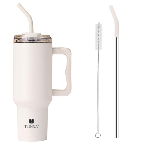 TLINNA 40oz Stainless Steel Vacuum Insulated Tumbler with Lid and Straw for Water, Iced Tea or Coffee, Smoothie and More (Gream White, 40 oz)