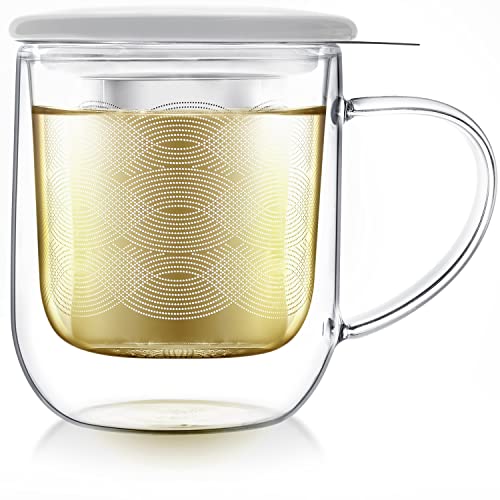 Teabloom Tea-For-One Steeping Mug – Insulated Double Wall Glass Mug (12 oz), Stainless Steel Infuser, Porcelain Lid/Coaster – Radiance Brewing Mug