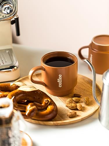 KOKUNKA Stackable Coffee Mugs with Rack, Ceramic Coffee Mug Set Perfect for Coffee,Tea, Cocoa, Milk as Christmas Gifts, Set of 4, 13 Oz (Brown)