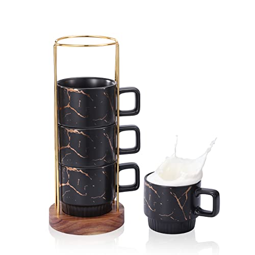 LURRIER Porcelain Large Stackable Coffee Mug Set with Rack and Wooden Base,Marble Pattern Hand-crafted Coffee Cup Set,10 Oz for Coffee,Tea,Cocoa,Milk,Set of 4 (Classic Black)