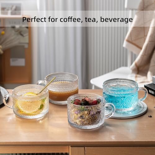 Buaic Vintage Coffee Mugs With Stand, 14 oz Stackable Coffee Cups Set of 4 Overnight Oats Containers with Rack Clear Embossed Glass Cups Tea Cups for Cappuccino, Latte, Cereal, Beverages