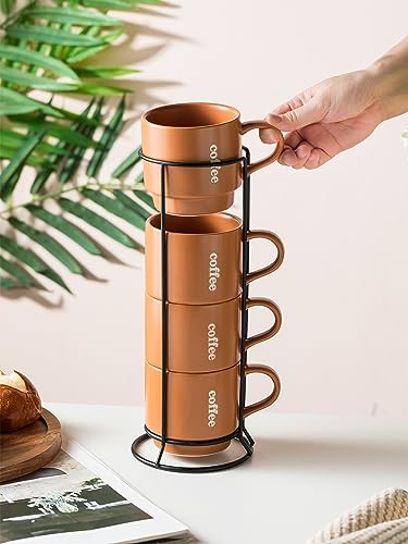 KOKUNKA Stackable Coffee Mugs with Rack, Ceramic Coffee Mug Set Perfect for Coffee,Tea, Cocoa, Milk as Christmas Gifts, Set of 4, 13 Oz (Brown)