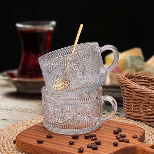 Bupto 4pcs Set Vintage Coffee Mug, Clear Patterned Glass With Handle, Bamboo Lid and Spoon -14 oz. Ideal for Latte, Milk, Overnight Oatmeal Yogurt Glass Teacups, Glassware Gifts(4 set)