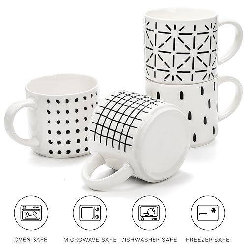 TOPZEA Set of 4 Stackable Coffee Mugs with Stand, 15 oz Ceramic Coffee Cups Set with Metal Holder Rack for Cappuccino, Latte, Tea, Hot Cocoa, Housewarming Gifts, Geometric Texture