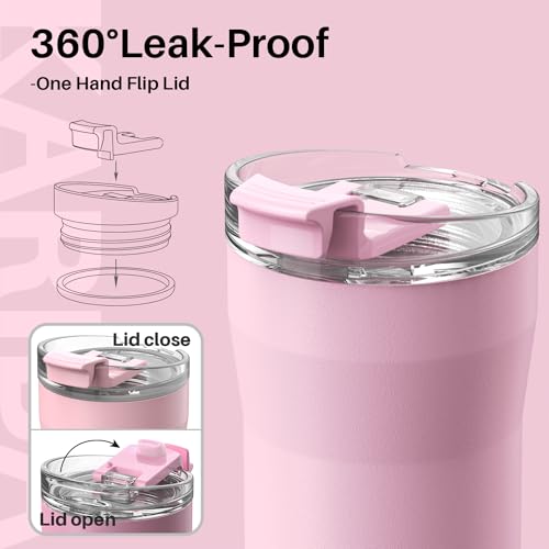 SANTECO Travel Coffee Mug 12 oz, Insulated Coffee Cups with Flip Lid, Stainless Steel Coffee Mugs Spill Proof, Double Wall Vacuum Tumblers, Reusable To Go Mug for Hot/Ice Coffee Tea - Pink