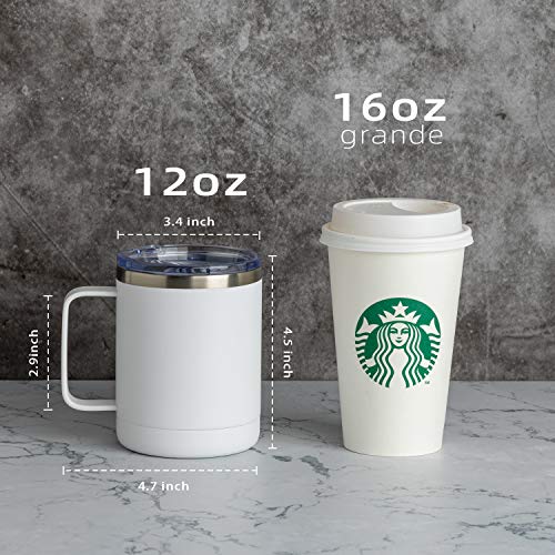 MEWAY 12oz Coffee Mug With Handle and Sliding Lid,Stainless Steel Travel Tumbler Cup with Handle,Double Wall Vacuum Insulated Camping Cup for Hot & Cold Drinks Tea (White, Set of 1