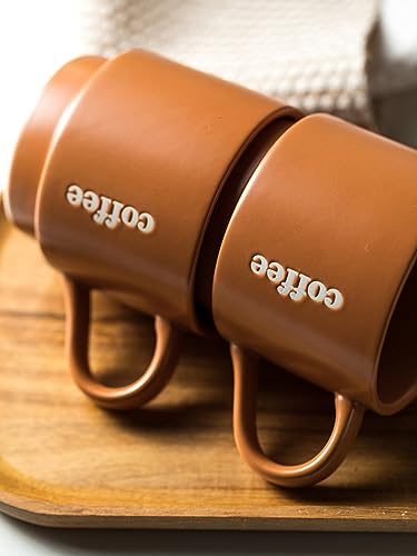 KOKUNKA Stackable Coffee Mugs with Rack, Ceramic Coffee Mug Set Perfect for Coffee,Tea, Cocoa, Milk as Christmas Gifts, Set of 4, 13 Oz (Brown)