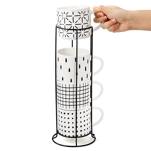 TOPZEA Set of 4 Stackable Coffee Mugs with Stand, 15 oz Ceramic Coffee Cups Set with Metal Holder Rack for Cappuccino, Latte, Tea, Hot Cocoa, Housewarming Gifts, Geometric Texture