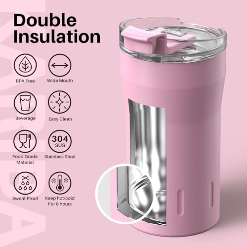 SANTECO Travel Coffee Mug 12 oz, Insulated Coffee Cups with Flip Lid, Stainless Steel Coffee Mugs Spill Proof, Double Wall Vacuum Tumblers, Reusable To Go Mug for Hot/Ice Coffee Tea - Pink