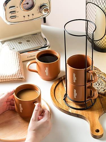 KOKUNKA Stackable Coffee Mugs with Rack, Ceramic Coffee Mug Set Perfect for Coffee,Tea, Cocoa, Milk as Christmas Gifts, Set of 4, 13 Oz (Brown)