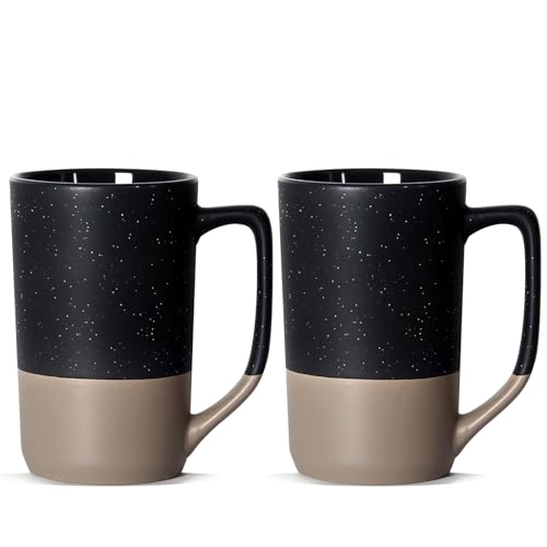NBABSR 16 OZ Coffee Mugs, Two Colorful Patchwork Novelty Ceramic Large Tea Cups with White Speckled Unique Handles Perfect for Porcelain Cup or Mug Lovers DIY Gifts, Black，Set of 2