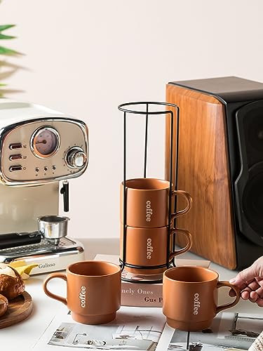 KOKUNKA Stackable Coffee Mugs with Rack, Ceramic Coffee Mug Set Perfect for Coffee,Tea, Cocoa, Milk as Christmas Gifts, Set of 4, 13 Oz (Brown)