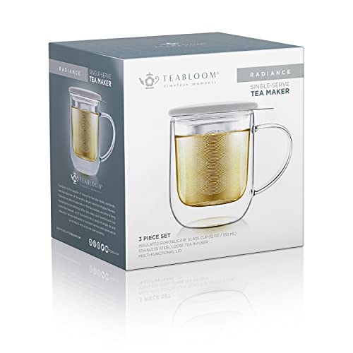 Teabloom Tea-For-One Steeping Mug – Insulated Double Wall Glass Mug (12 oz), Stainless Steel Infuser, Porcelain Lid/Coaster – Radiance Brewing Mug