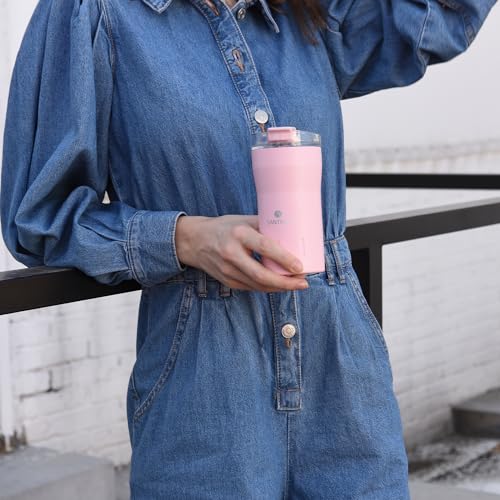 SANTECO Travel Coffee Mug 12 oz, Insulated Coffee Cups with Flip Lid, Stainless Steel Coffee Mugs Spill Proof, Double Wall Vacuum Tumblers, Reusable To Go Mug for Hot/Ice Coffee Tea - Pink