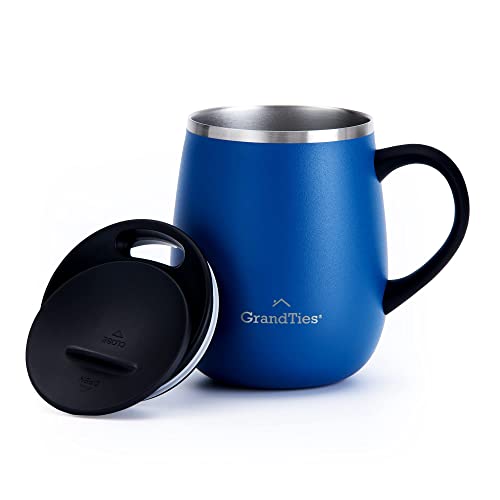 GRANDTIES Insulated Coffee Mug with Handle - Sliding Lid for Splash-Proof 16 oz Wine Glass Shape Thermos Tumbler with Double Walled Vacuum Stainless Steel to Keeps Beverages Hot or Cold - Cobalt Blue