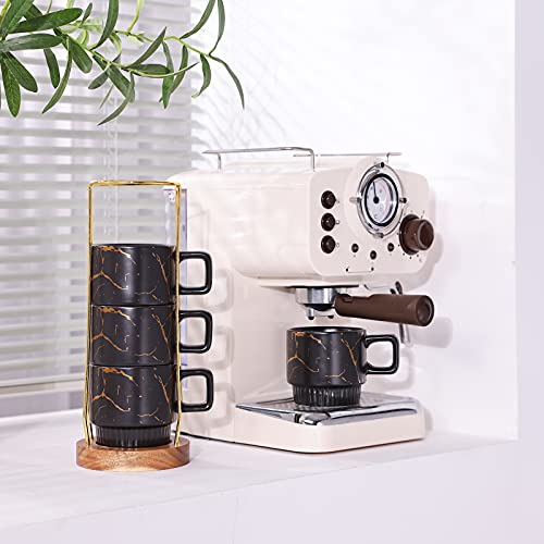 LURRIER Porcelain Large Stackable Coffee Mug Set with Rack and Wooden Base,Marble Pattern Hand-crafted Coffee Cup Set,10 Oz for Coffee,Tea,Cocoa,Milk,Set of 4 (Classic Black)