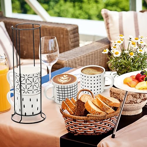 TOPZEA Set of 4 Stackable Coffee Mugs with Stand, 15 oz Ceramic Coffee Cups Set with Metal Holder Rack for Cappuccino, Latte, Tea, Hot Cocoa, Housewarming Gifts, Geometric Texture