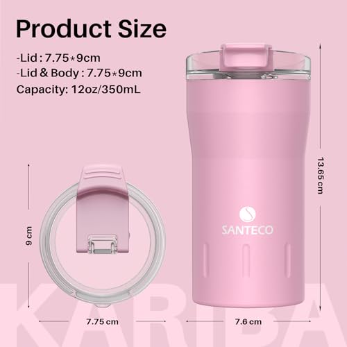 SANTECO Travel Coffee Mug 12 oz, Insulated Coffee Cups with Flip Lid, Stainless Steel Coffee Mugs Spill Proof, Double Wall Vacuum Tumblers, Reusable To Go Mug for Hot/Ice Coffee Tea - Pink