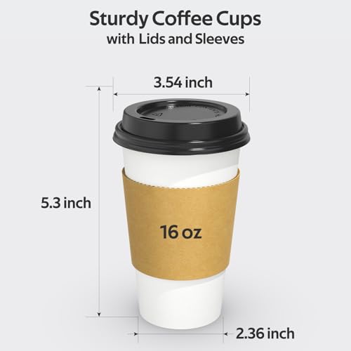Dealusy 100 Pack 16 oz Disposable Coffee Cups with Lids and Sleeves, Sturdy Thick Paper & Leak-free Insulated to Go Coffee Cups with Lids, Paper Hot Coffee Cups with Sip Lids for Hot & Cold Beverage