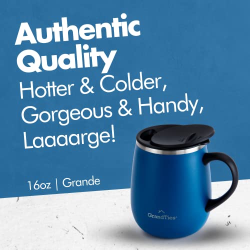 GRANDTIES Insulated Coffee Mug with Handle - Sliding Lid for Splash-Proof 16 oz Wine Glass Shape Thermos Tumbler with Double Walled Vacuum Stainless Steel to Keeps Beverages Hot or Cold - Cobalt Blue