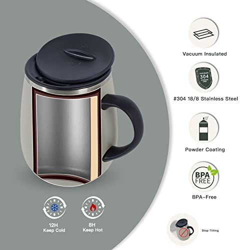 Ideus 16 oz Insulated Coffee Mug with Handle and Lid, Double Wall Stainless Steel Vacuum Insulated Tumbler Cup, Travel Coffee Cup Thermal Cup for Home and Office, Mars Celadon