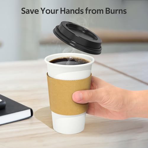 Dealusy 100 Pack 16 oz Disposable Coffee Cups with Lids and Sleeves, Sturdy Thick Paper & Leak-free Insulated to Go Coffee Cups with Lids, Paper Hot Coffee Cups with Sip Lids for Hot & Cold Beverage