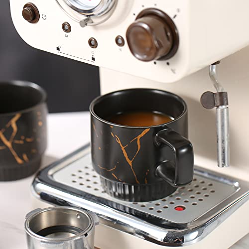 LURRIER Porcelain Large Stackable Coffee Mug Set with Rack and Wooden Base,Marble Pattern Hand-crafted Coffee Cup Set,10 Oz for Coffee,Tea,Cocoa,Milk,Set of 4 (Classic Black)