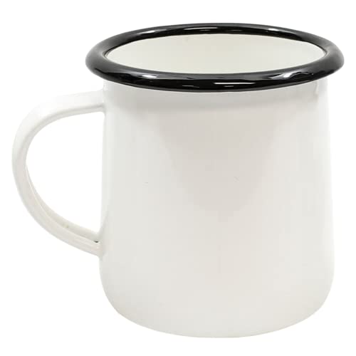 Tablecraft Enamelware Collection Black Rim Solid White Enamel Coffee Cup Mugs, Camping, RV, Farmhouse, Home & Restaurant Use Porcelain Over Steel, Classic, Vintage, Boho, Retro Style, 16 Oz, Set of 6