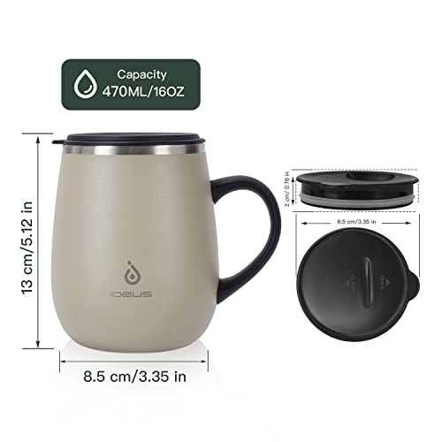 Ideus 16 oz Insulated Coffee Mug with Handle and Lid, Double Wall Stainless Steel Vacuum Insulated Tumbler Cup, Travel Coffee Cup Thermal Cup for Home and Office, Mars Celadon