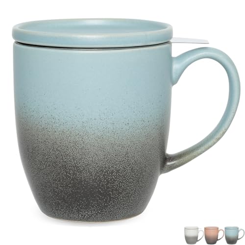 Bosmarlin Ceramic Tea Cup with Infuser and Lid, 16 Oz, 3 Colors to Choose, Microwave and Dishwasher Safe, Steeping Tea Mug with Strainer, Matte Reactive Glaze (16 Oz, Dark Blue)