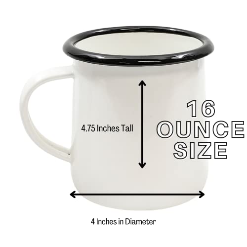 Tablecraft Enamelware Collection Black Rim Solid White Enamel Coffee Cup Mugs, Camping, RV, Farmhouse, Home & Restaurant Use Porcelain Over Steel, Classic, Vintage, Boho, Retro Style, 16 Oz, Set of 6
