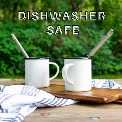 Tablecraft Enamelware Collection Black Rim Solid White Enamel Coffee Cup Mugs, Camping, RV, Farmhouse, Home & Restaurant Use Porcelain Over Steel, Classic, Vintage, Boho, Retro Style, 16 Oz, Set of 6