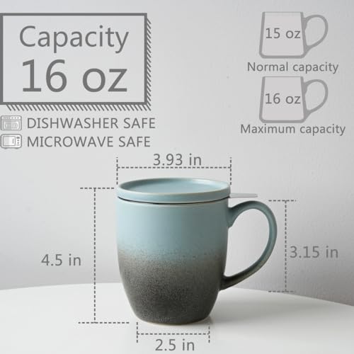 Bosmarlin Ceramic Tea Cup with Infuser and Lid, 16 Oz, 3 Colors to Choose, Microwave and Dishwasher Safe, Steeping Tea Mug with Strainer, Matte Reactive Glaze (16 Oz, Dark Blue)
