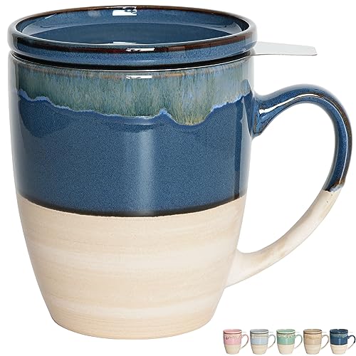 Bosmarlin Ceramic Tea Cup with Infuser and Lid, 16 Oz, Dishwasher and Microwave Safe, 5 Colors to Choose, Reactive Glaze, Steeping Tea Mug with Strainer (Deep Blue)