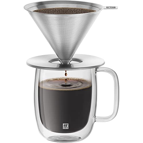 ZWILLING Pour Over Coffee Maker, 16 oz, 1-4 cups, 18/10 Stainless Steel Sustainable and Reusable Filter, Easy-To-Grip Handle with Anti-Slip Bottom Plate, Dishwasher safe