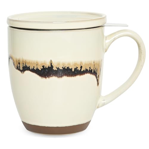 Bosmarlin Ceramic Tea Cup with Infuser and Lid, 16 Oz, Loose Leaf Tea Steeper Mug with Strainer, Microwave and Dishwasher Safe, Reactive Glaze (16 Oz, Beige)